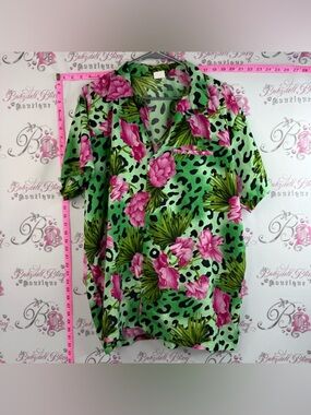 King kameha button up tee Green Floral Short-Sleeve Shirt Hawaii vintage Pattern